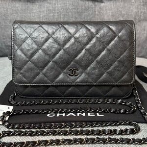 CHANEL classic wallet on chain with iridescent chain CALFSKIN